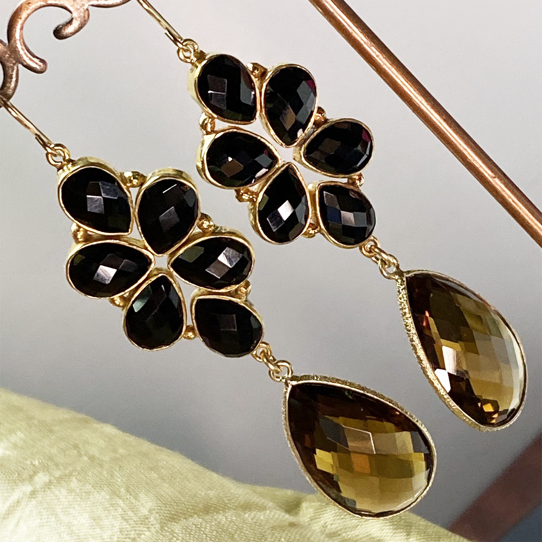 Floral Collection Onyx and Whiskey Qtz Earrings
