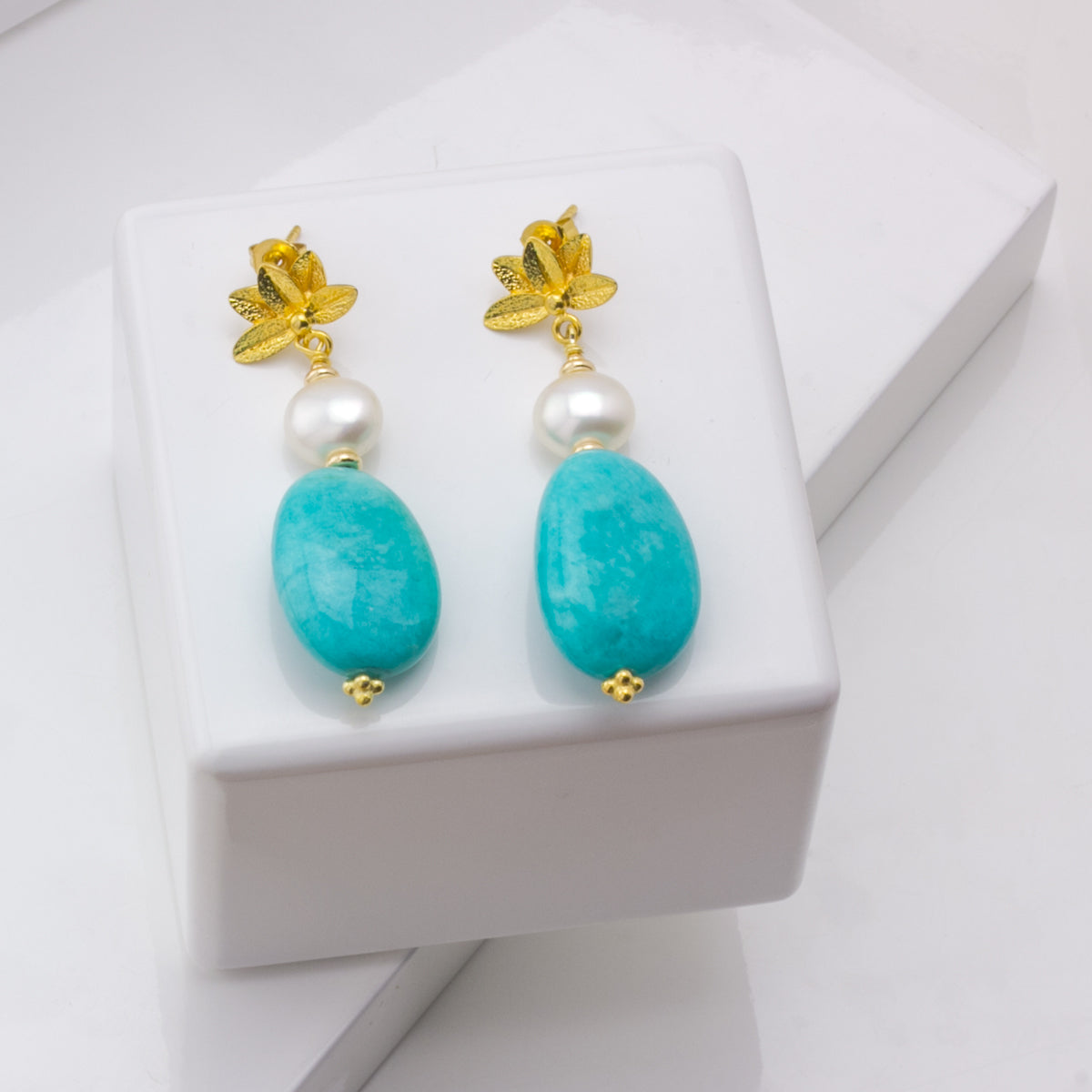 Impressionist Collection Amazonite & Pearl Lotus Earrings
