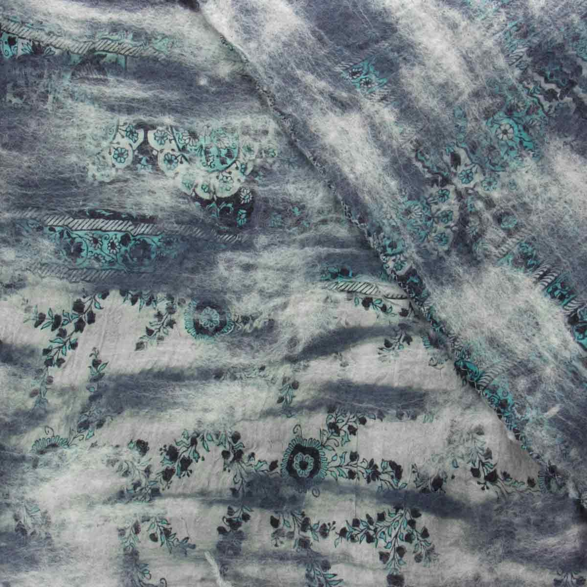 Gray Teal Pattern Nuno Felted Scarf