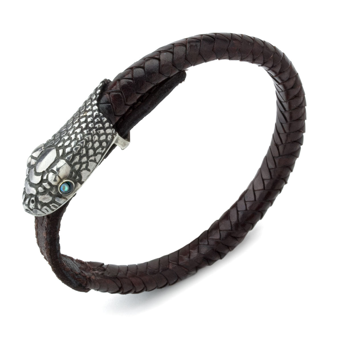 Dark Brown Leather and Sterling Snake Head Bracelet