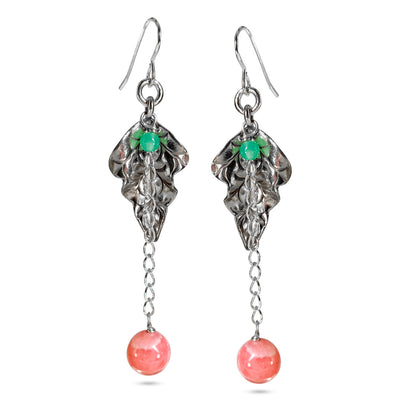 Rhodochrosite/Green Aventurine Silver Leaf Earrings