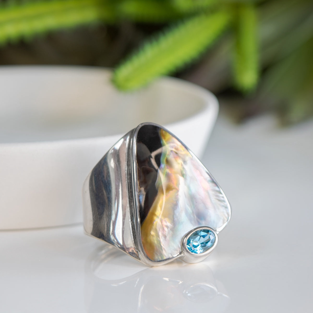Marta Howell Black Lipped Oyster & Oval Blue Topaz Adjustable Ring
