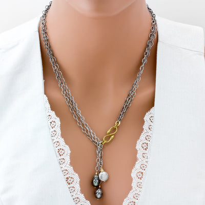 Carved Tahitian & Coin Pearl Tassel Necklace