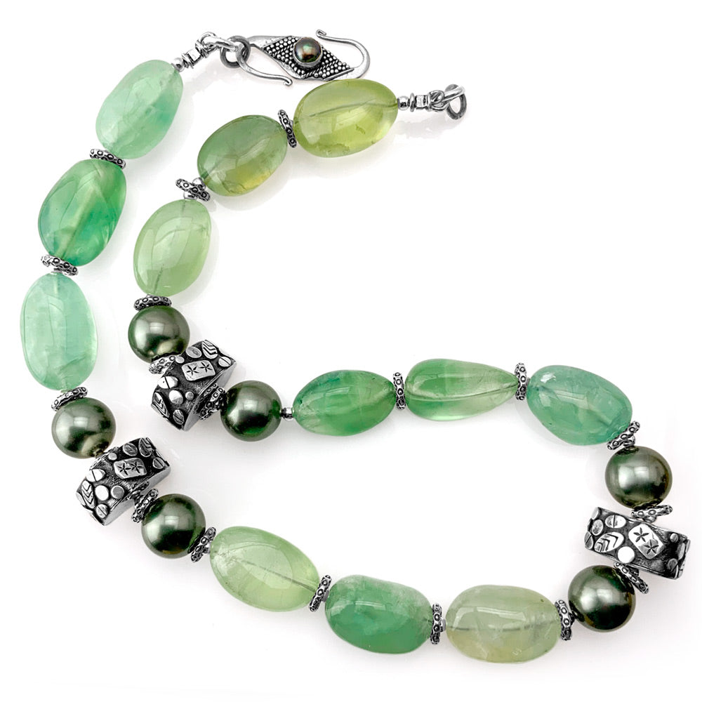 Prehnite Tumble Necklace with Faux Tahitian Pearls