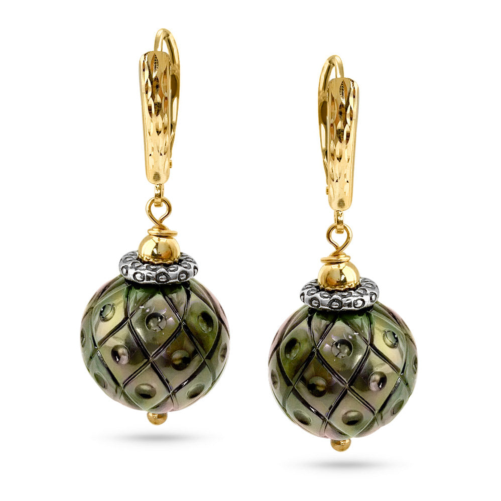 14mm Carved Tahitian Black Pearls Earrings