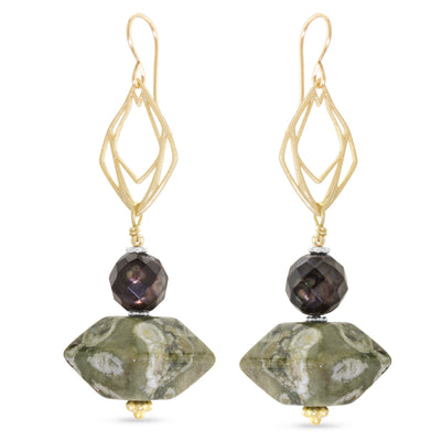 Faceted Pearl & Rhyolite Dangle Earrings