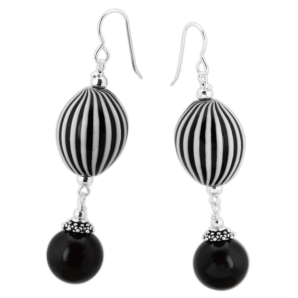 Black-White Glass & Botswana Agate Earrings-342144