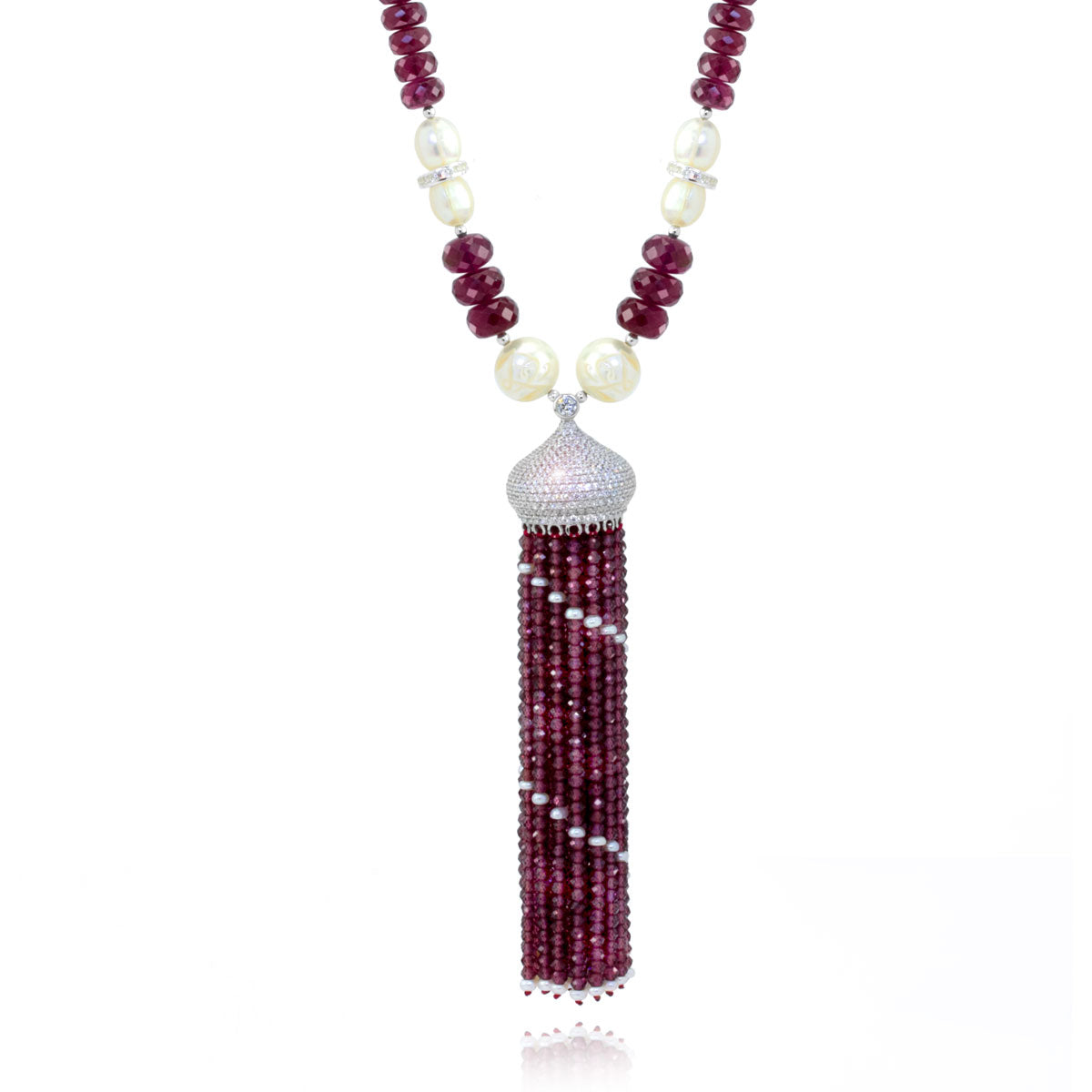 Garnet & Carved Pearl Tassel Necklace