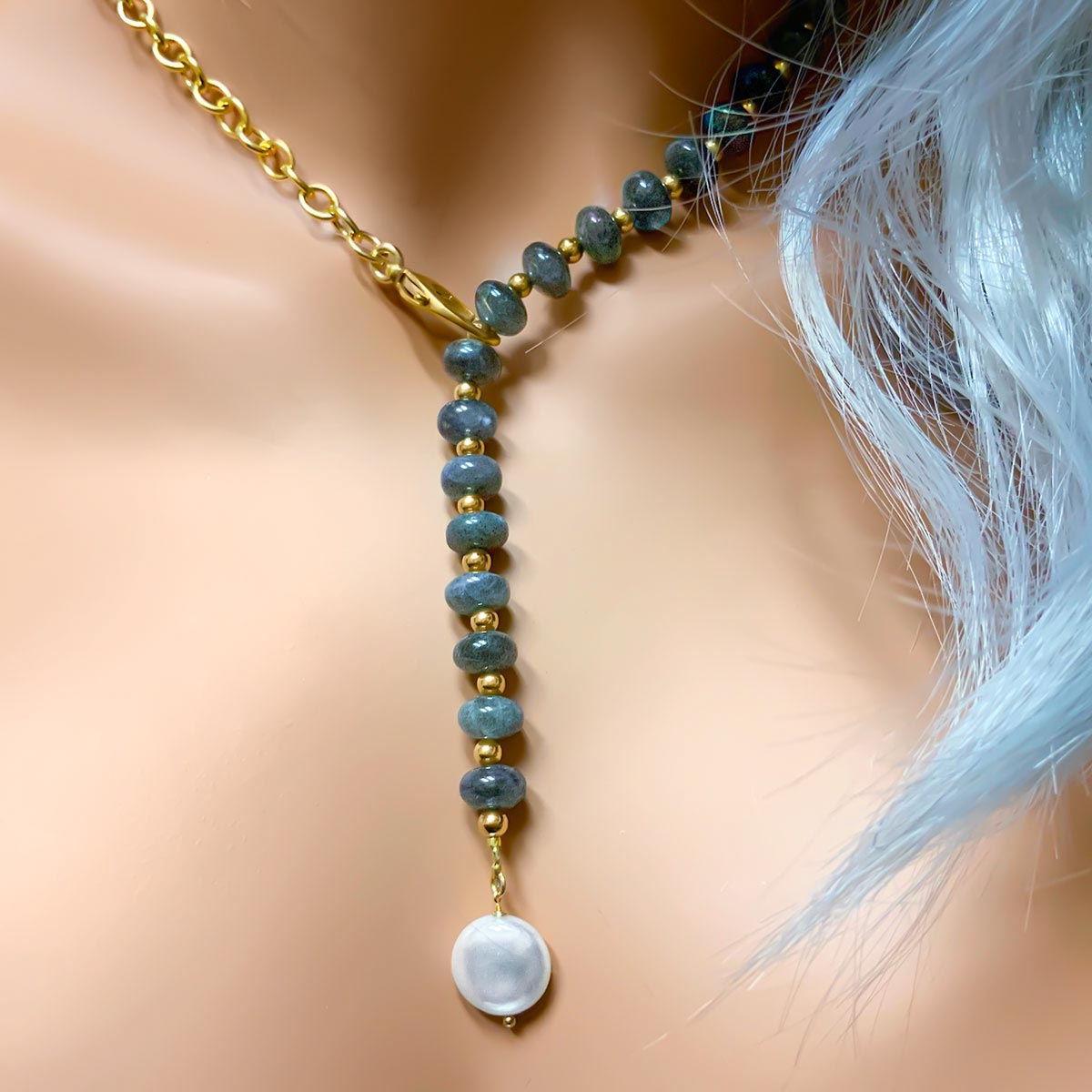 Labradorite & Coin Pearl Lariat Necklace