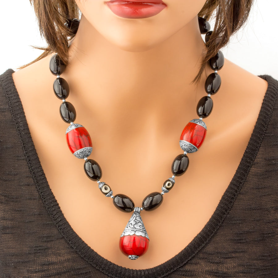 Red Copal Amber & Onyx Necklace