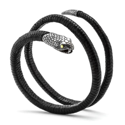 Small Triple Wrap Black Leather Snake Bracelet