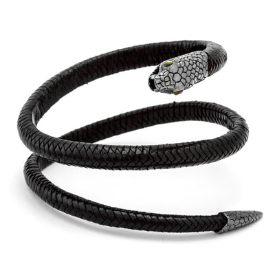 Small Triple Wrap Black Leather Snake Bracelet