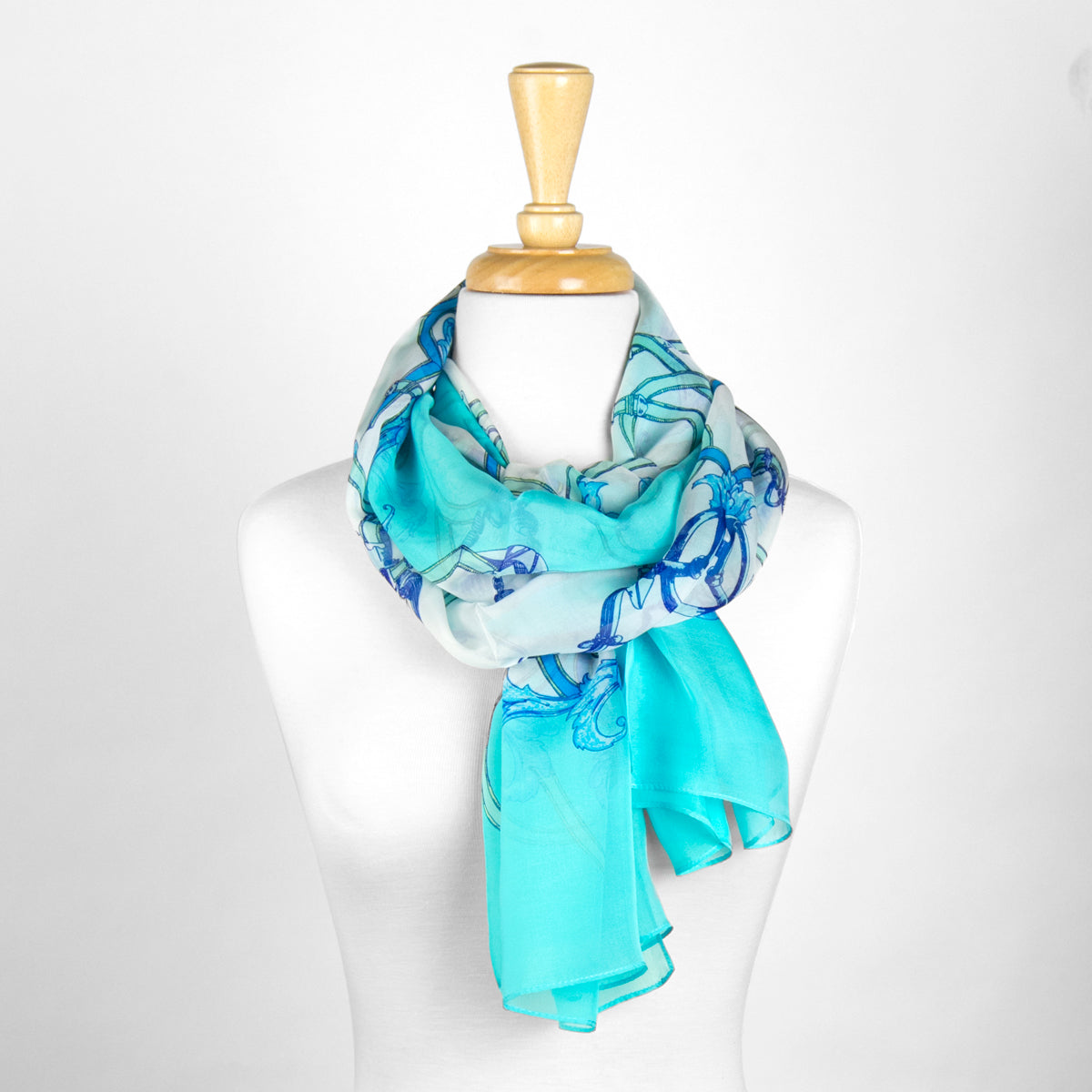 Teal and White Abstract Silk Scarf