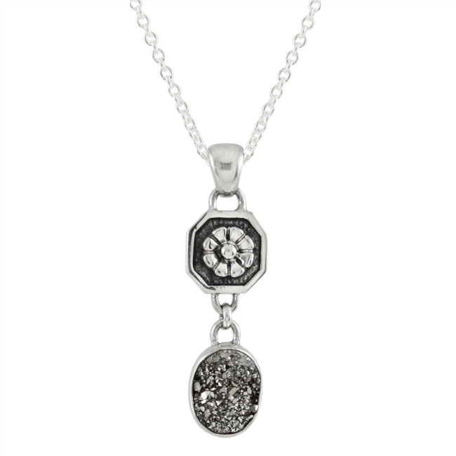 Roulette 18 Silver Druzy & Flower Necklace