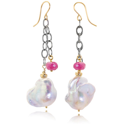 Baroque Pearl & Pink Spinel Dangle Earrings