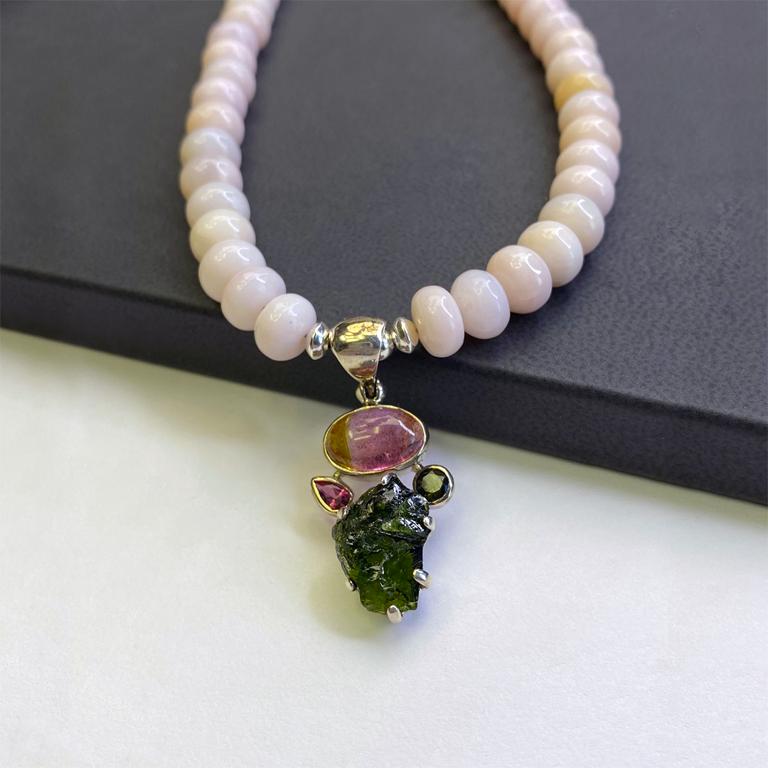 Floral collection Peruvian Opal with Tourmaline Pendant