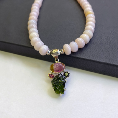 Floral collection Peruvian Opal with Tourmaline Pendant