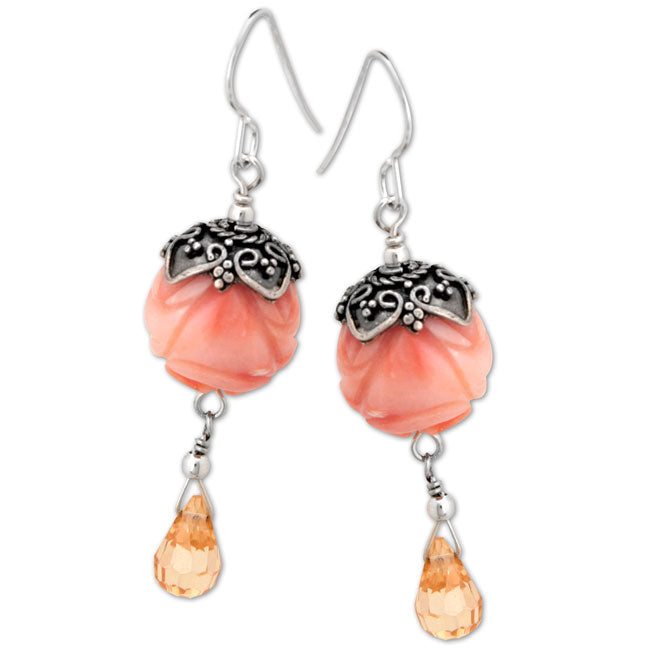 Pink Coral Carved Rose Earrings-335265