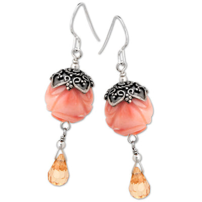 Pink Coral Carved Rose Earrings-335265