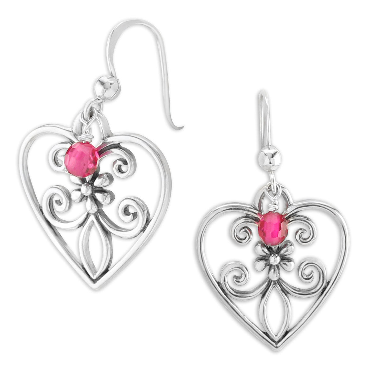 Sterling Silver Heart Filigree & Ruby CZ Drop Earrings-341349