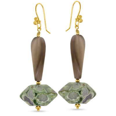 Frosted Smoky Quartz & Rhyolite Dangle Earrings