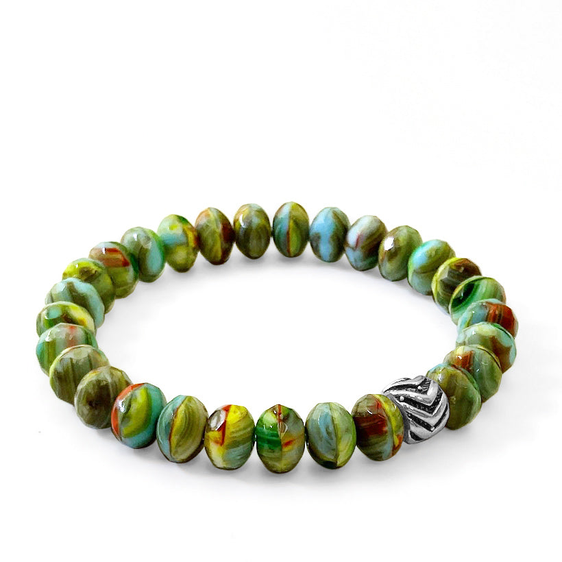 Czech Glass Variegated Green Beaded Stretch Bracelet