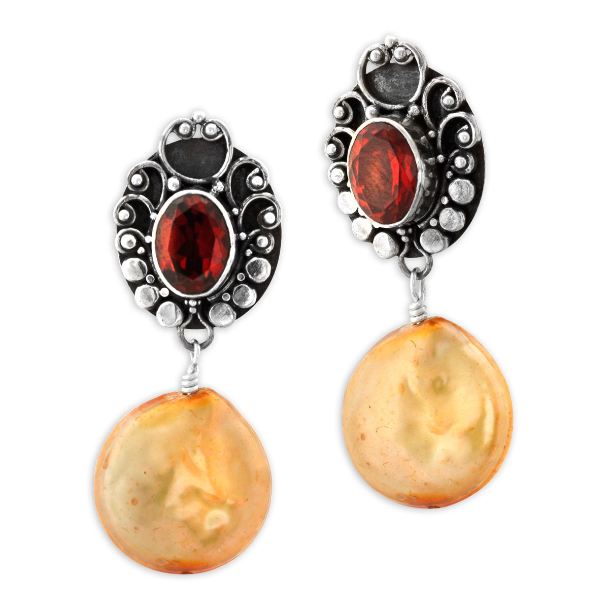 Garnet & Peach Pearl Earrings-341941