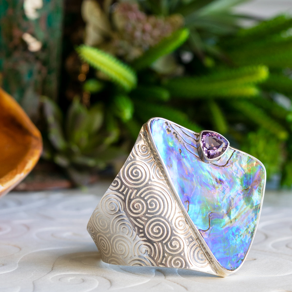 Triangle Paua Shell Cuff Bracelet with inlaid 11mm Trillion Amethyst