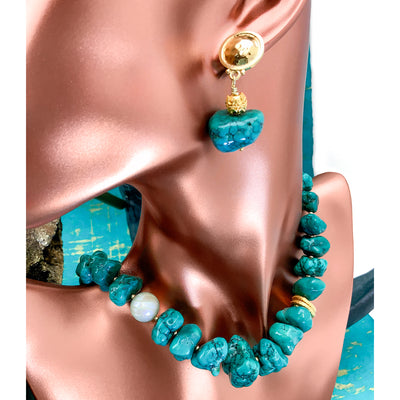 Chinese Nugget Turquoise & Carved Pearl Necklace