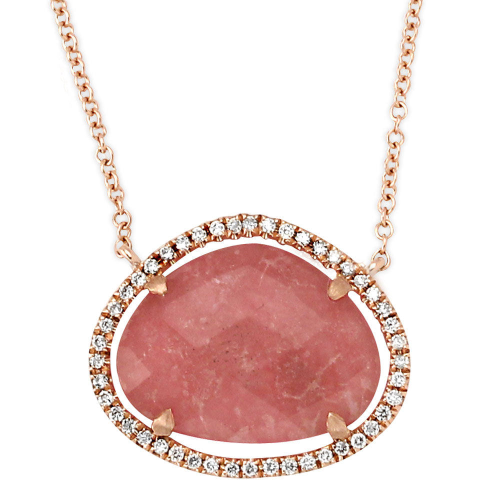 18K Rose Gold Pink Rhodonite and Diamond Necklace-342299