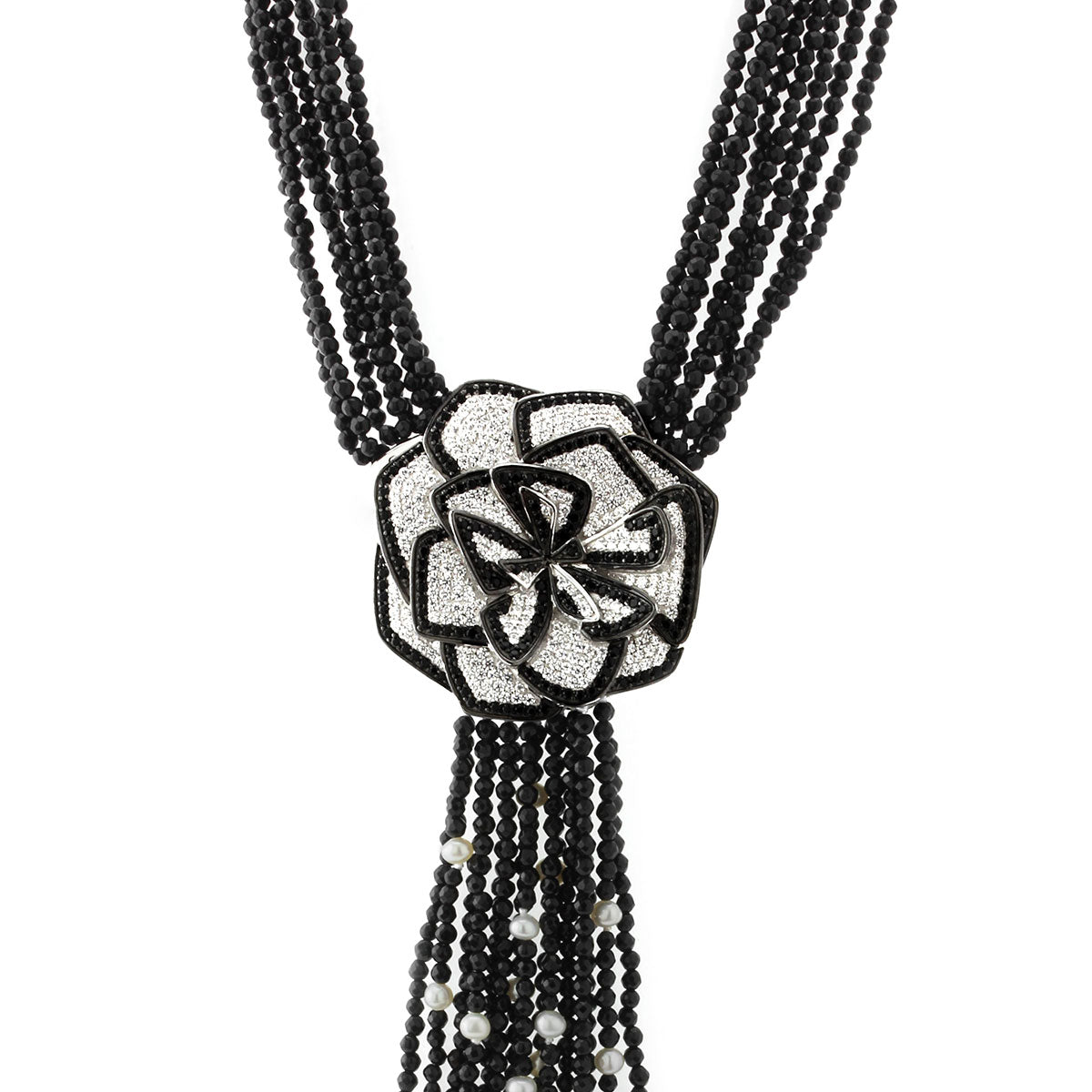 Onyx & Pearl Flower Necklace 235-457