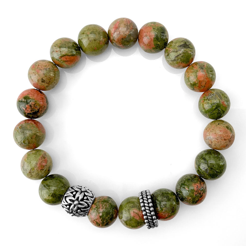 10mm Unakite & Sterling Silver Bracelet