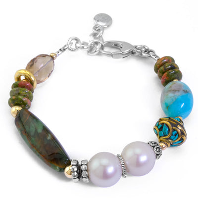 Impressionist Collection Green Opal, Pearl,Champagne Citrine, Amazonite and Unakite Bracelet