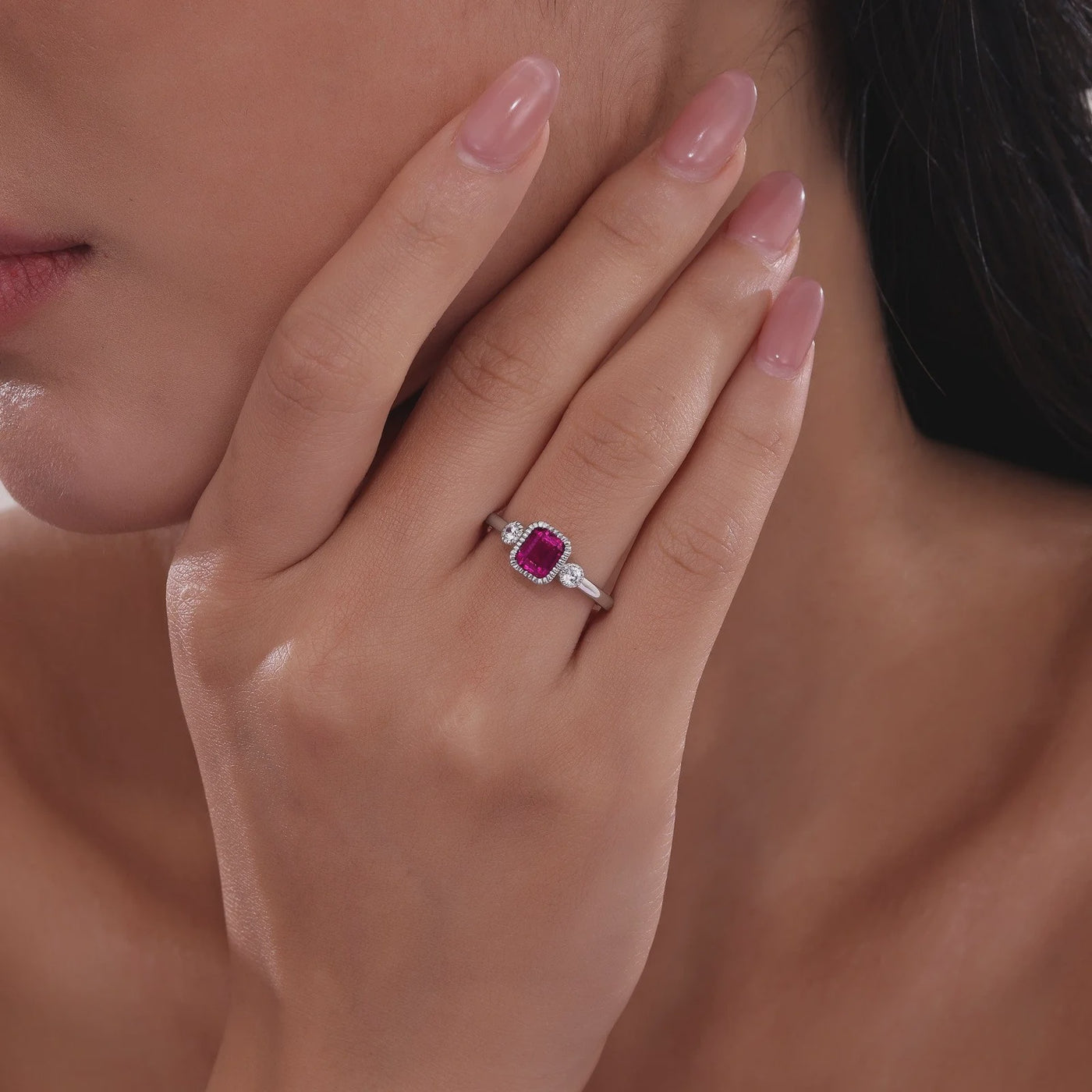 Lab-Grown Emerald-Cut Ruby & Simulated Diamond July Birthstone Ring