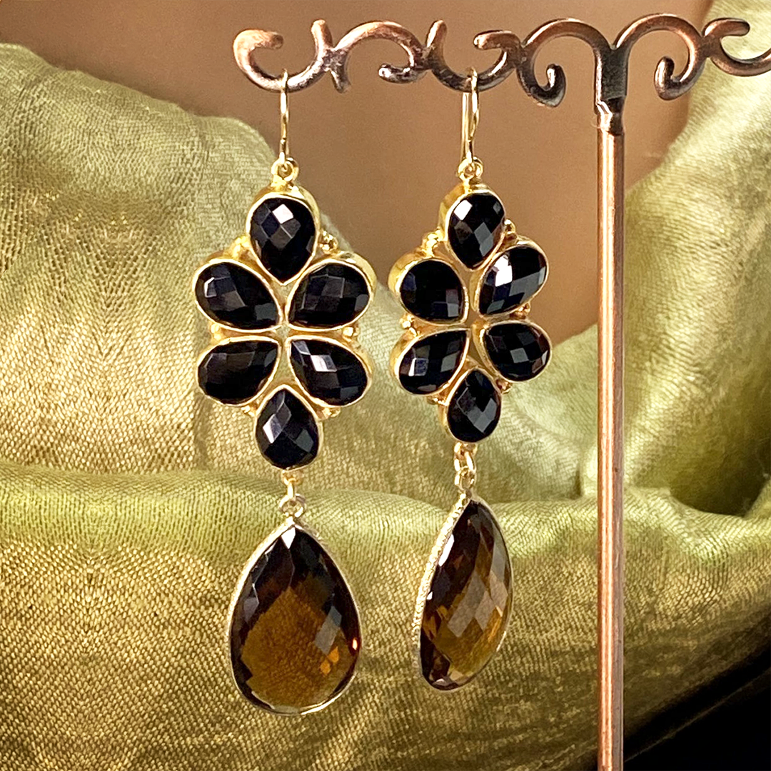 Floral Collection Onyx and Whiskey Qtz Earrings