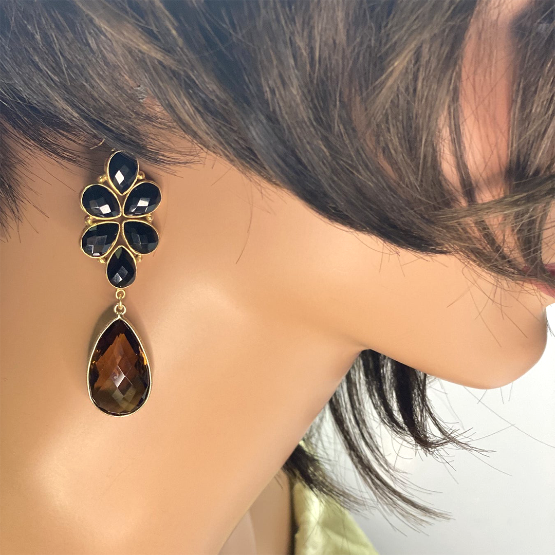 Floral Collection Onyx and Whiskey Qtz Earrings