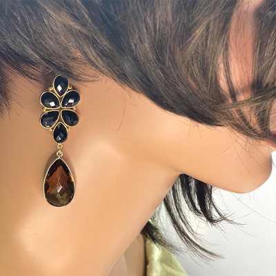 Floral Collection Onyx and Whiskey Qtz Earrings