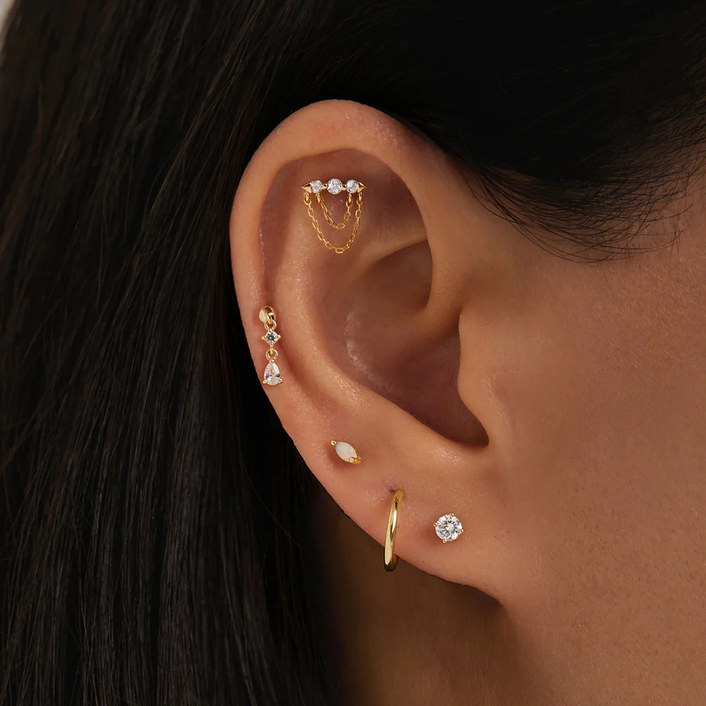 TRIBECA | Draped Double Chain and White Sapphire Piercing Top Earring