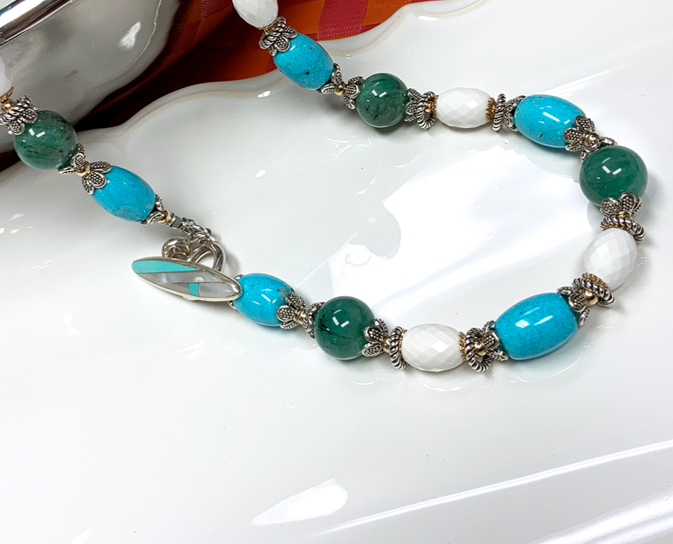Turquoise, Emerald & White Quartz Necklace with Mother of Pearl & Turquoise Toggle