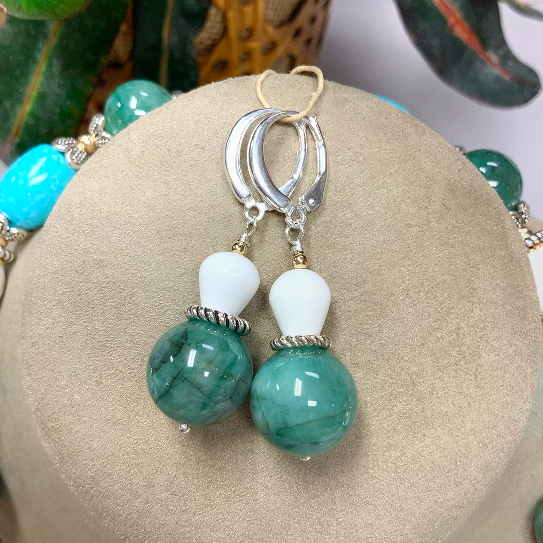 Natural Emerald & White Quartz Earrings in Sterling Silver