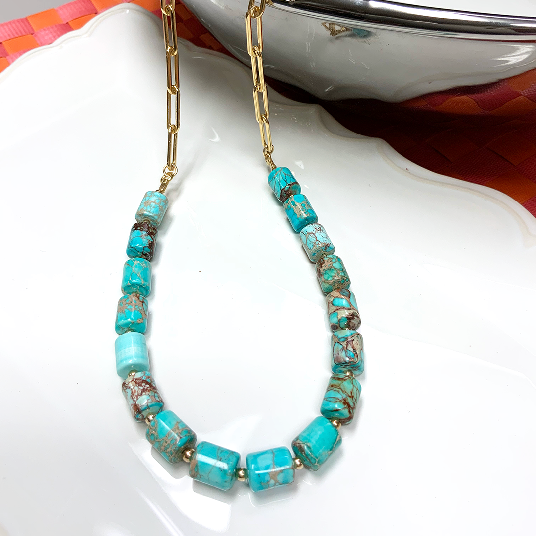 Turquoise Necklace with 14k Gold-Filled Paperclip Chain