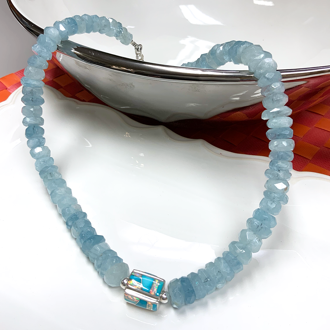 Aquamarine Necklace with Turquoise, Opal & Sterling Silver Accent