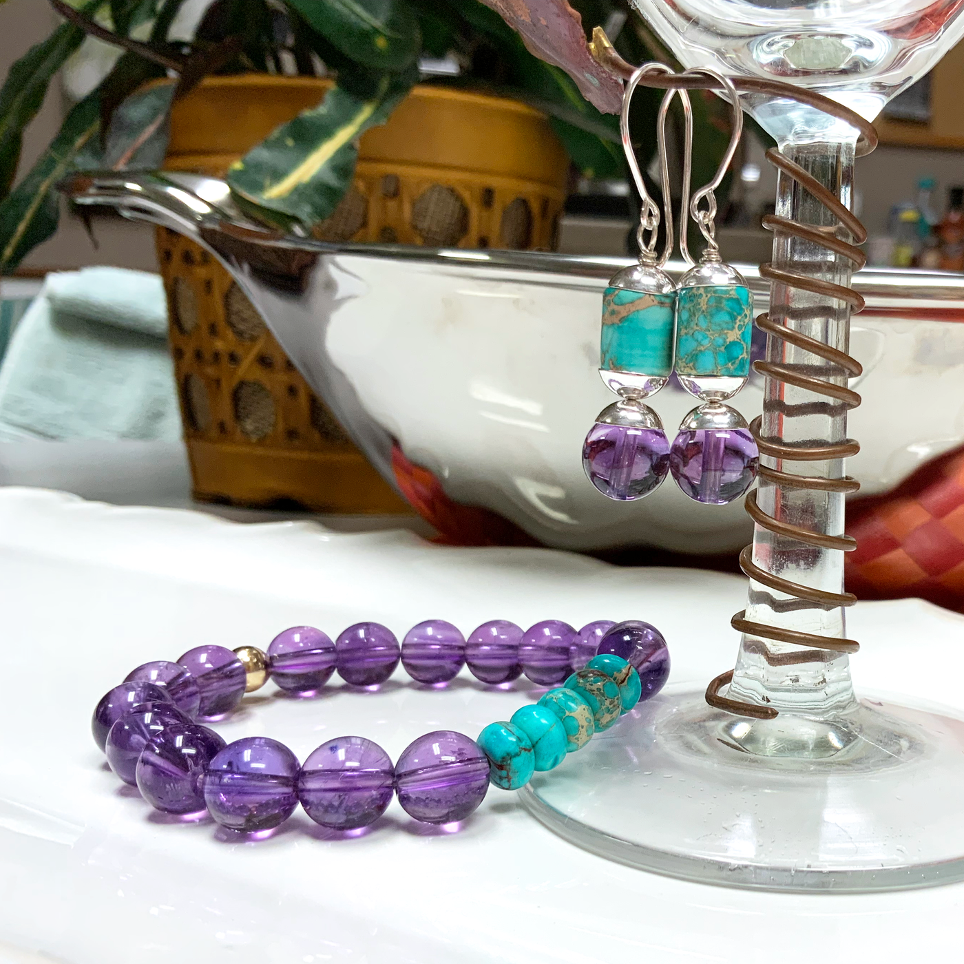 Amethyst & Turquoise Stretch Bracelet with 14k Gold-Filled Accent