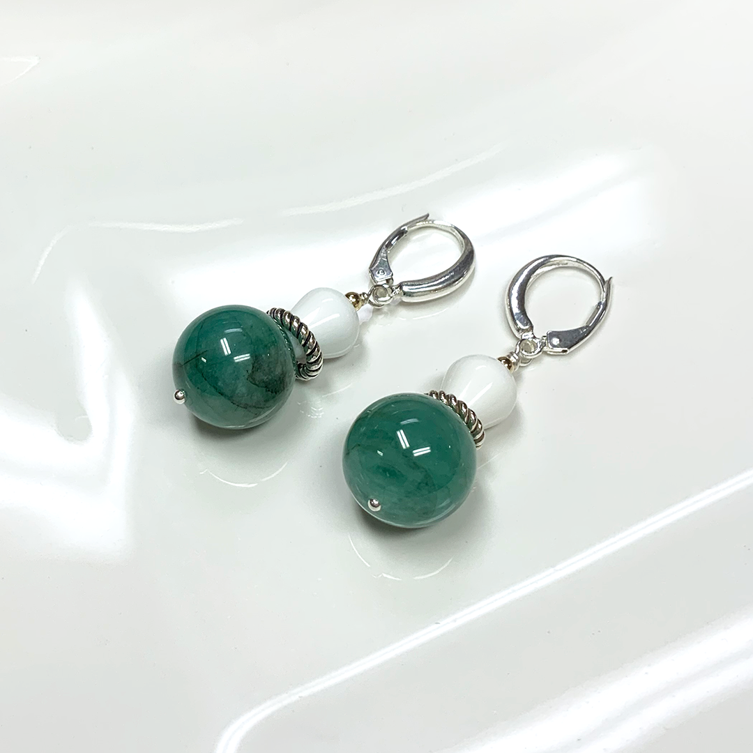 Natural Emerald & White Quartz Earrings in Sterling Silver