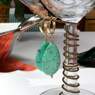 Green Turquoise Teardrop Earrings on 14k Gold-Filled Hoops