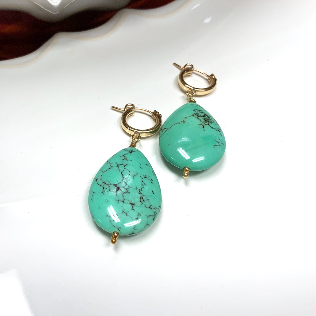 Green Turquoise Teardrop Earrings on 14k Gold-Filled Hoops