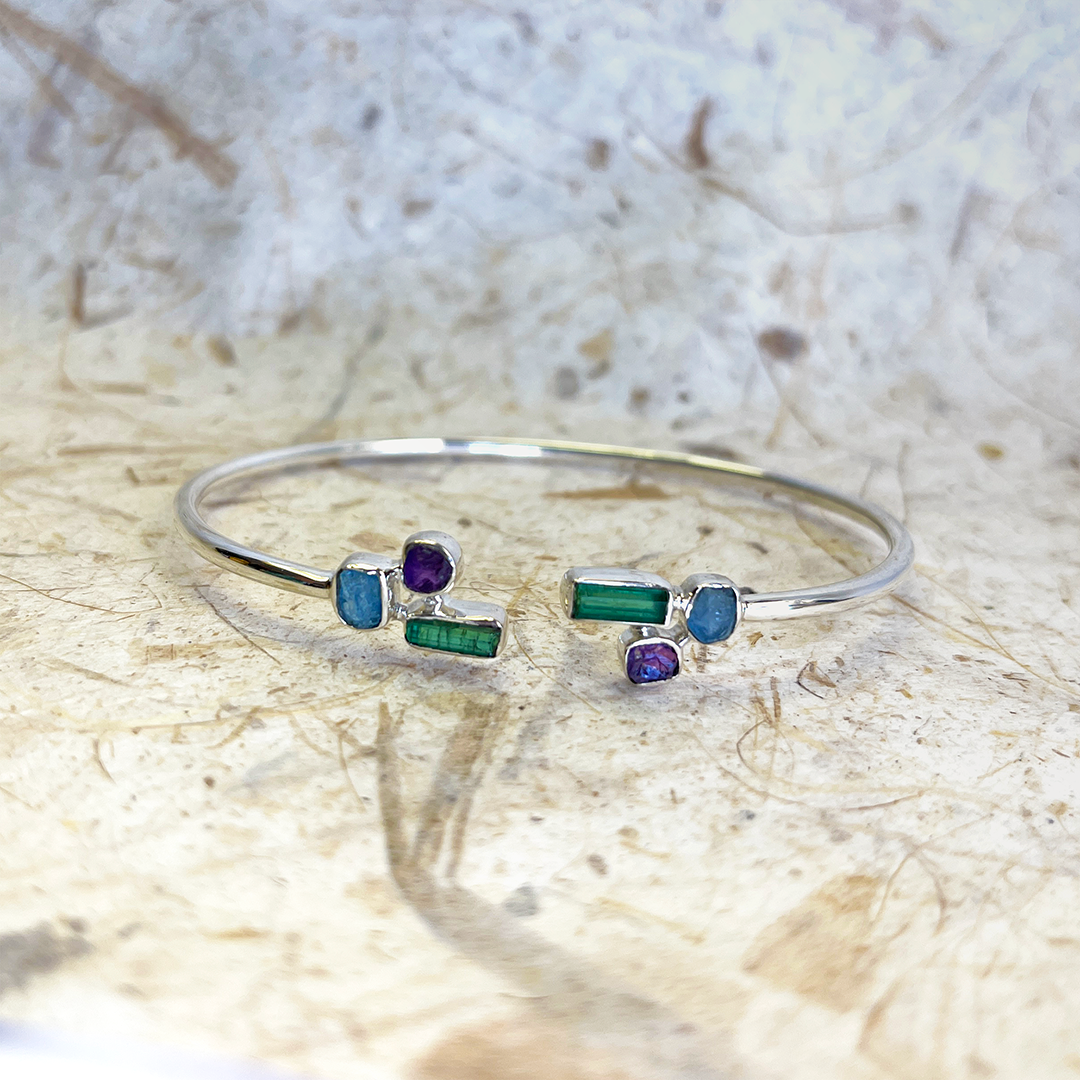 SS Tourmaline, Amethyst & Aquamarine Cluster Bangle