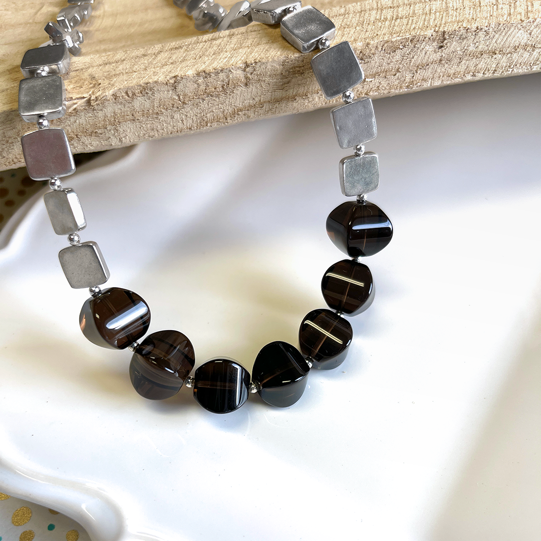 17" Necklace with Smoky Quartz Lanterns & Sterling Silver Square Coins