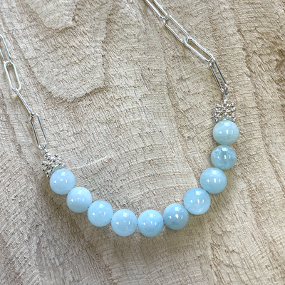 Aquamarine Necklace with a Sterling Silver Paperclip Chain