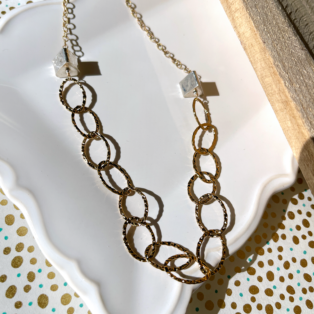Hammered Geometric Fine Silver on 14kt Gold-Filled Chain